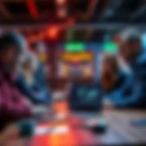 A group of friends discussing hackathon strategies, with a laptop showing blockchain graphics on the table