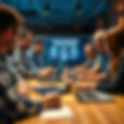Hackathon team brainstorming A diverse group of people collaborating at a table with laptops, sticky notes, and coffee cups during a hackathon