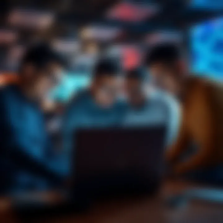 A diverse group of people brainstorming over a laptop at a hackathon event, showing teamwork and coding enthusiasm.