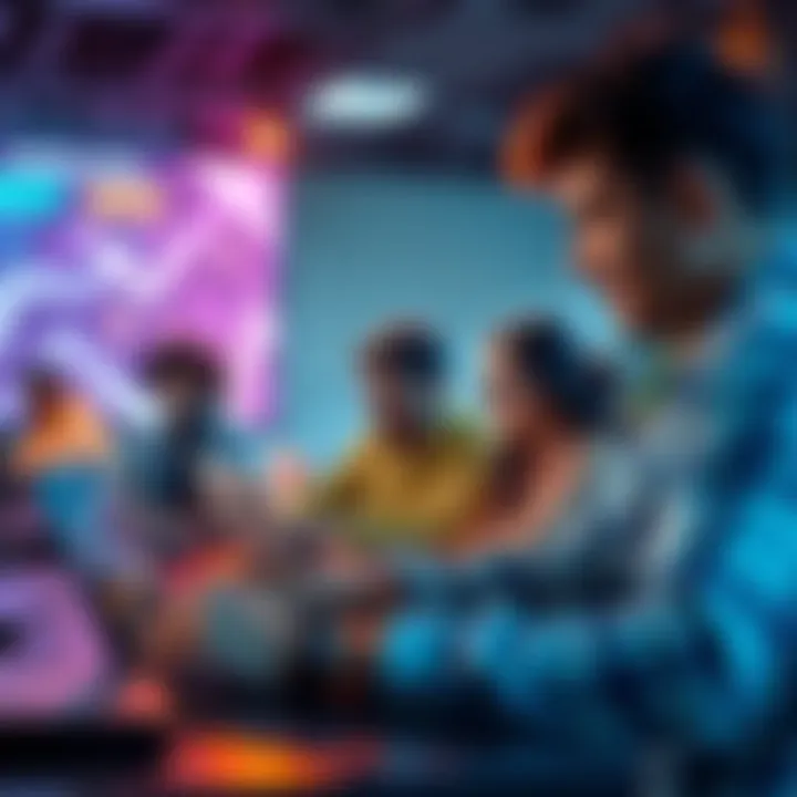 A diverse group of people coding together at a hackathon, working on laptops, brainstorming ideas, and collaborating on a project.