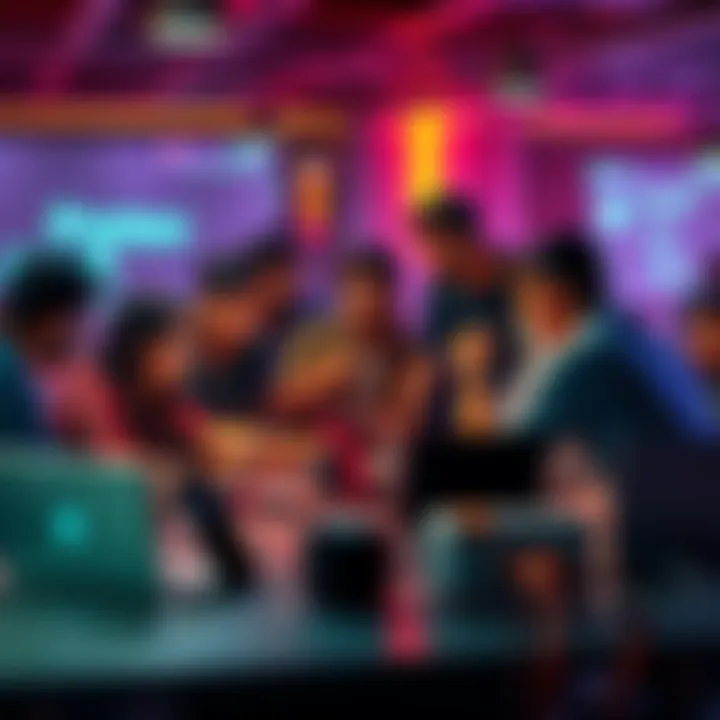 A diverse group of people brainstorming and coding together at a hackathon event in Delhi, surrounded by laptops and tech gear.