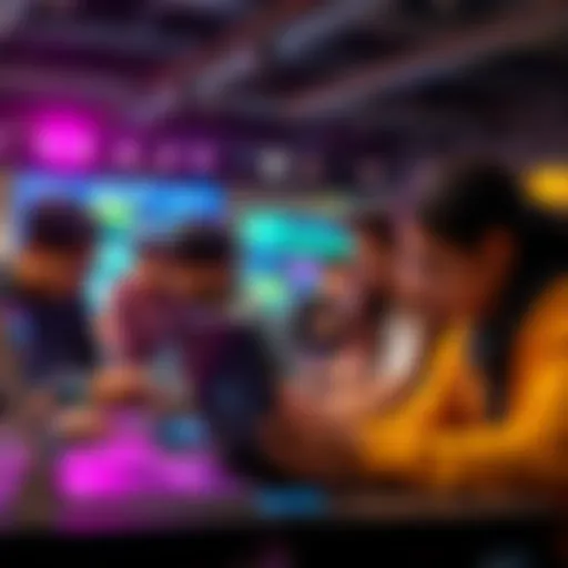 A group of diverse people working together on laptops at a hackathon event, brainstorming ideas and collaborating on projects.