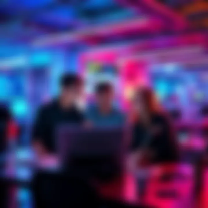 A group of developers discussing ideas for a hackathon project on a laptop in a vibrant workspace