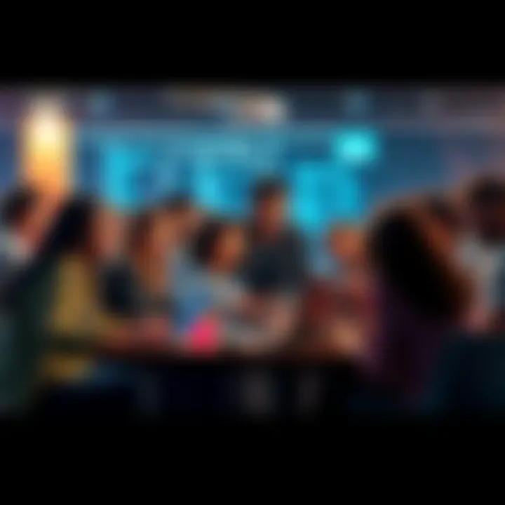 Group of diverse people collaborating at a hackathon event with laptops and brainstorming ideas.