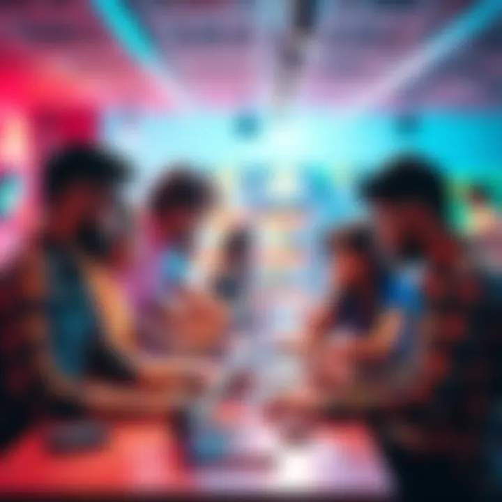 A group of diverse individuals collaborating over laptops at a hackathon event in a vibrant setting.