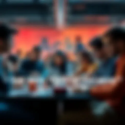 A diverse group of people collaborating at a hackathon, focused on their laptops, with brainstorming materials around them.