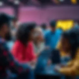 A group of diverse people collaborating at a hackathon, using laptops and discussing tools and plugins for coding and design.