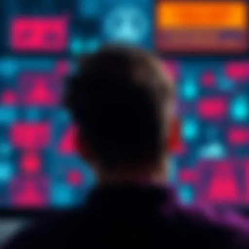 A person looks confused while staring at a computer screen filled with warning signs about cyberattacks, surrounded by digital security icons.