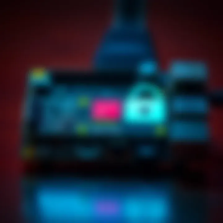 A close-up of a Raspberry Pi device showing a lock symbol, indicating it was previously locked. The screen displays an alert about an unexpected transaction.