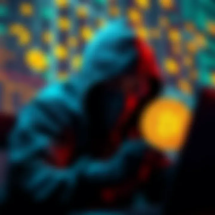 A hacker looking at a computer screen filled with Bitcoin symbols and codes, hinting at Epstein's private keys.