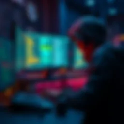 A person wearing a hoodie sits at a desk with multiple computer screens displaying code and cryptocurrency data, representing a Coldcard hacker.