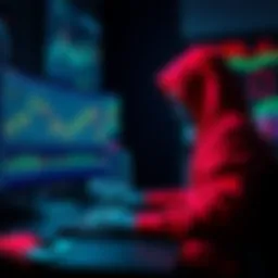 A hacker sitting at a computer screen displaying graphs and numbers related to cryptocurrency transactions, with visual elements indicating the minting of fake stablecoins and Ethereum conversion.