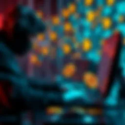A hacker works on a computer, mixing stolen bitcoin to hide its origin, with digital currency symbols in the background.