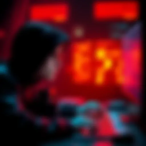 A hacker looks worried while checking messages on a computer, with a shadowy figure visible on the screen.