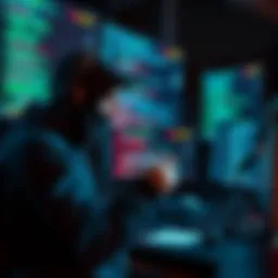 A hacker sitting in front of multiple screens displaying code and a Trezor device, symbolizing a security breach.