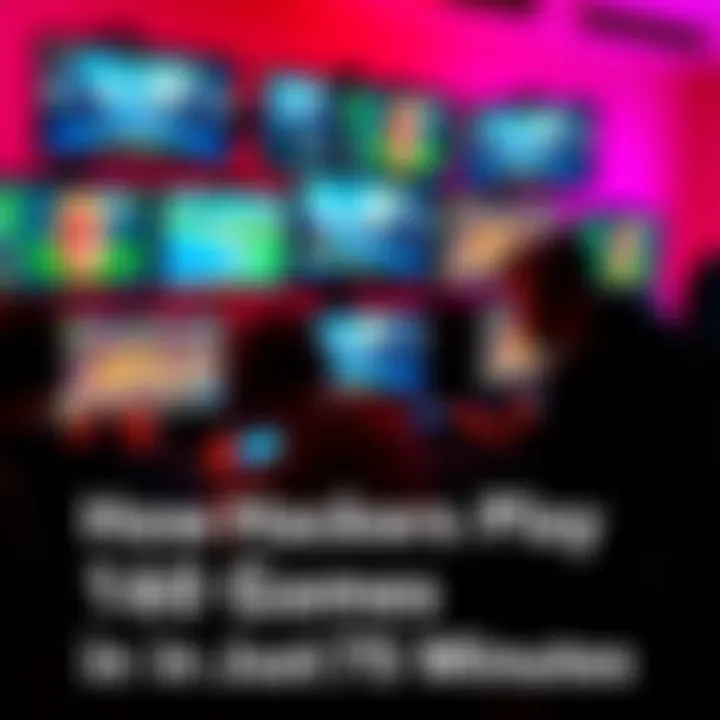 A group of hackers using multiple screens to play various video games simultaneously, showcasing their fast-paced gaming skills.