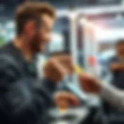 A person at a salon handing over a Bitcoin wallet to pay for a haircut, with a stylist nearby