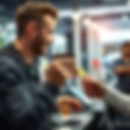 Customer paying for haircut with Bitcoin A person at a salon handing over a Bitcoin wallet to pay for a haircut, with a stylist nearby