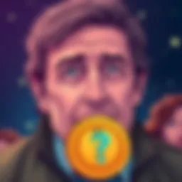 An illustration showing Hal Finney with a Bitcoin symbol and a question mark, indicating his absence at the Bitcoin launch.