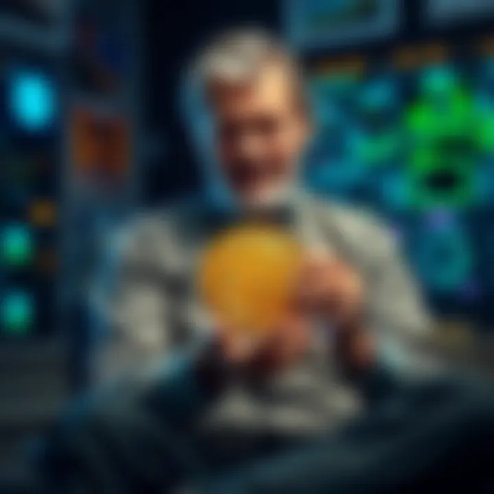 Hal Finney holding a Bitcoin symbol while sitting in a tech-focused environment, reflecting his legacy in cryptocurrency and his struggle with ALS.