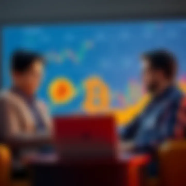 Hal and Len in a casual discussion about Bitcoin's origins, with a laptop and charts in the background