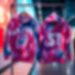 A side-by-side comparison of Halsey's tie-dye hoodie and ST's similar hoodie on a display rack, highlighting the pricing differences.