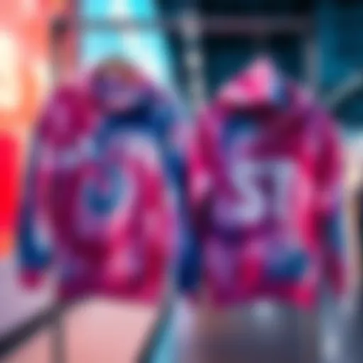 A side-by-side comparison of Halsey's tie-dye hoodie and ST's similar hoodie on a display rack, highlighting the pricing differences.