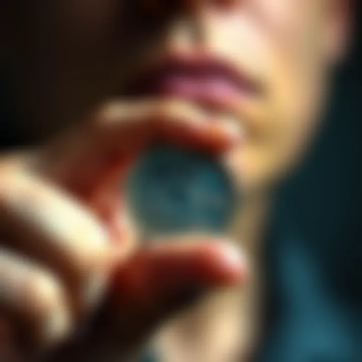 A close-up of a hand holding a 5-cent coin with a focused expression, symbolizing a small but impactful contract in a psychological operation.