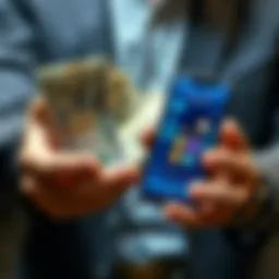 A person holding traditional currency bills in one hand and a smartphone displaying digital currency in the other hand, symbolizing the comparison between FIAT money and digital finance.