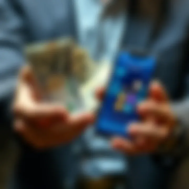 A person holding traditional currency bills in one hand and a smartphone displaying digital currency in the other hand, symbolizing the comparison between FIAT money and digital finance.