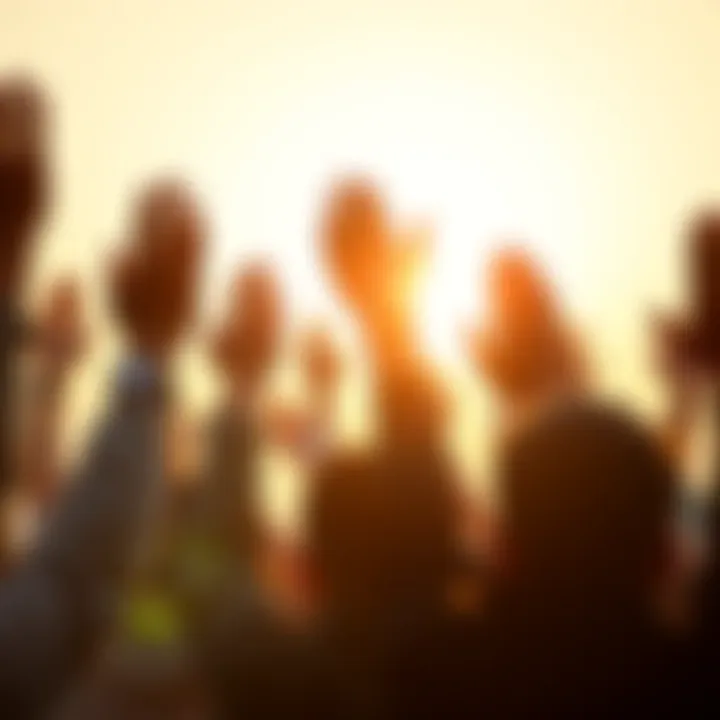 A diverse group of people raising their hands in appreciation and unity, symbolizing gratitude and positivity, with warm sunlight in the background.