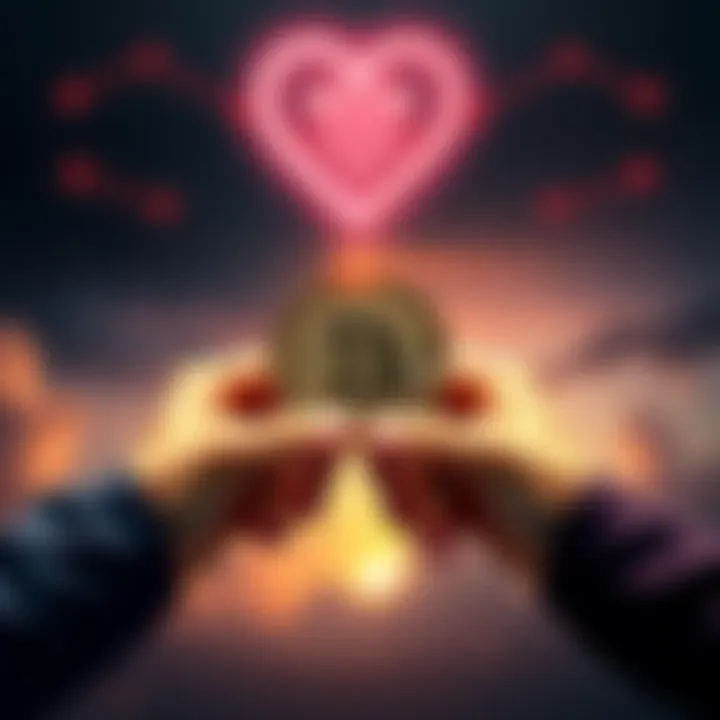 Hands exchanging Bitcoin and a heart symbol Two hands exchanging a Bitcoin with a heart symbol above, representing the value of human connection over cryptocurrency.