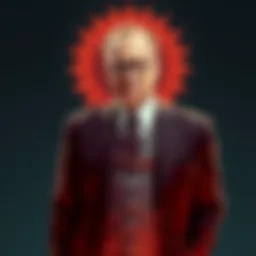 Hank Schrader dressed in a suit resembling Nikita Krushchev, standing confidently with a stern look.