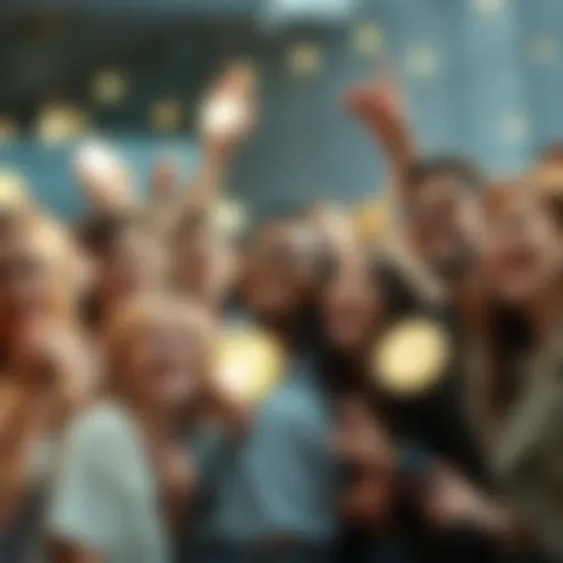 A diverse group of people celebrating with Litecoin symbols and coins, smiling and engaging with each other.