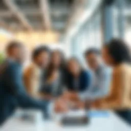 A group of diverse professionals smiling and collaborating in a bright office space, showcasing job satisfaction