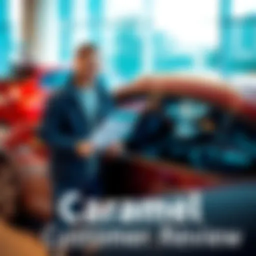 A satisfied customer stands next to their new car purchased from Caramel, smiling and holding paperwork