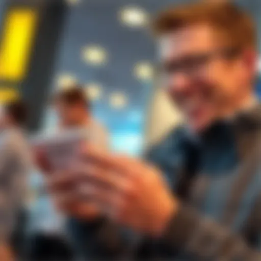 Happy customer using Revolut banking app A satisfied person interacting with the Revolut banking app on a smartphone, showing positive experiences with online banking.