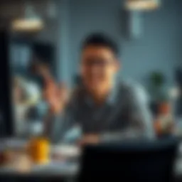 A happy person at their desk with a wide smile, holding a find from a project, surrounded by office supplies and a computer.