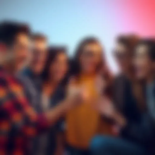 A group of friends brainstorming fun captions for social media posts, showing excitement and creativity.