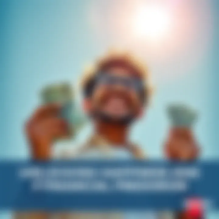 Happy person with money and sunshine A joyful person holding cash in one hand and smiling under the sun, symbolizing happiness and financial freedom