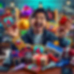 A happy individual holding various Rare, Epic, and Legendary items from a recent shopping spree, surrounded by common items