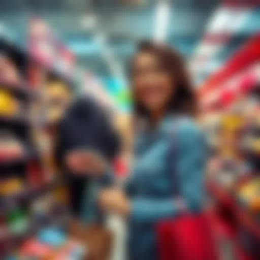 A person shopping with a smile, confidently picking up an item without hesitation in a vibrant store