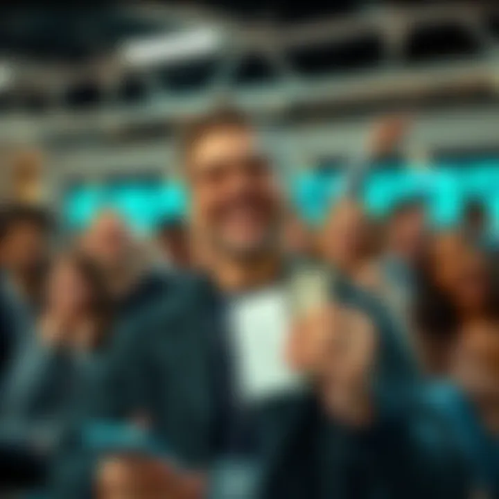 Happy trader with LTC A joyful trader holding a digital wallet showing nine LTC, smiling in a community setting, surrounded by friends celebrating their success in trading.