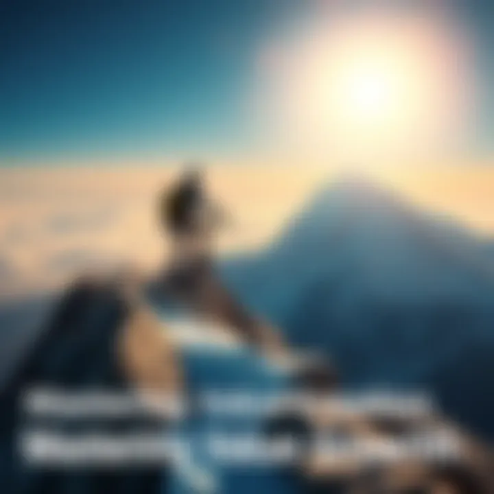 A person climbing a mountain, symbolizing hard work and personal growth, reaching for a clear sky.