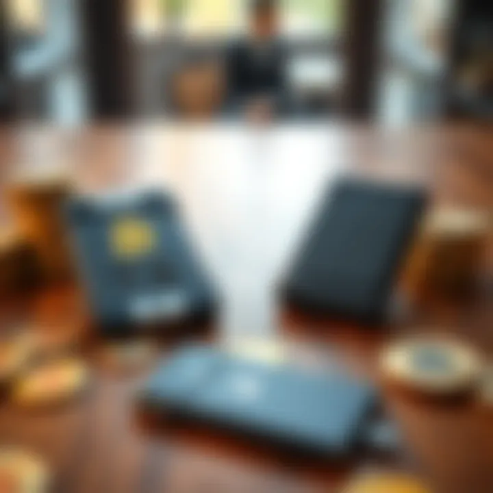 A comparison of two popular hardware wallets for Bitcoin, Ledger and Trezor, placed on a wooden table with cryptocurrency coins around them.