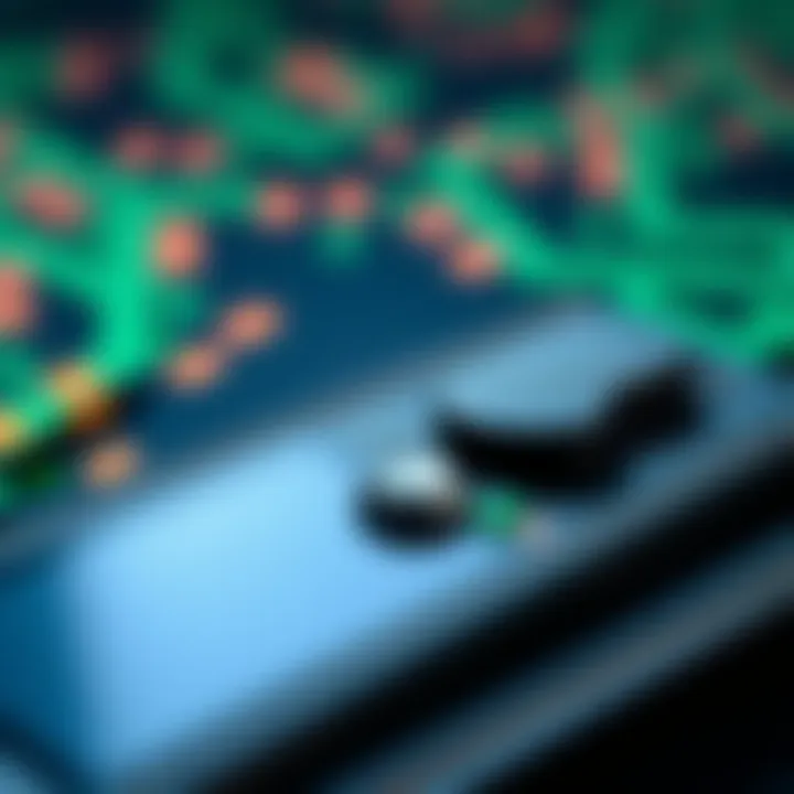 A close-up of a hardware wallet showcasing its buttons and screen, with a background of computer code symbols representing security and technology.