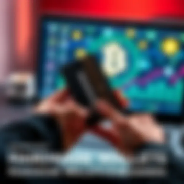 A person is holding a hardware wallet in one hand, with a laptop and cryptocurrency symbols in the background, illustrating the importance of protecting private keys.