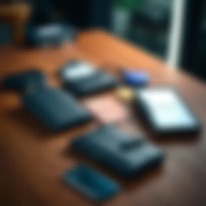 A selection of hardware wallets including Ledger and Trezor models, showcasing options for cold storage, arranged on a wooden table with a soft light.