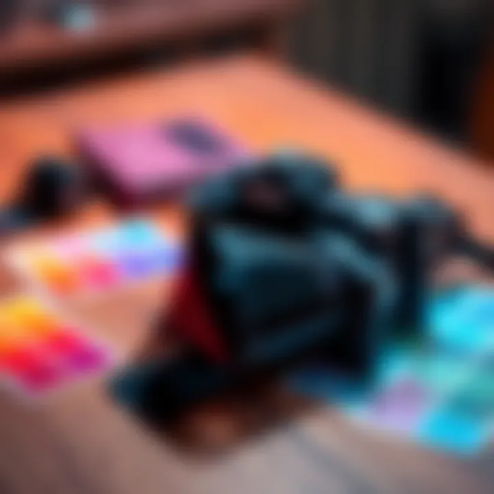 A roll of Harman's new color film placed on a wooden table with a camera and color samples nearby