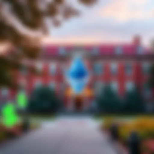 Harvard University Investment Harvard University building with Ethereum logo and dollar signs symbolizing investment in cryptocurrency